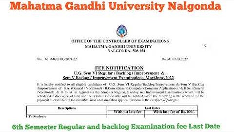 Mahatma Gandhi University Nalgonda UG VI 6th  Semester Regular and backlog Examination Fee Last Date