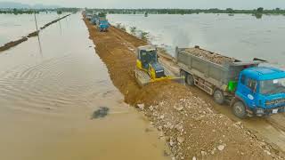 Fantastic Amazing Project Road Resizing Project By KOMATSU Dozer Push Stone, Truck Spreading Soil