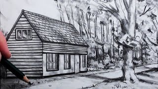 How to Draw a House using OnePoint Perspective in a Landscape: Pencil Drawing