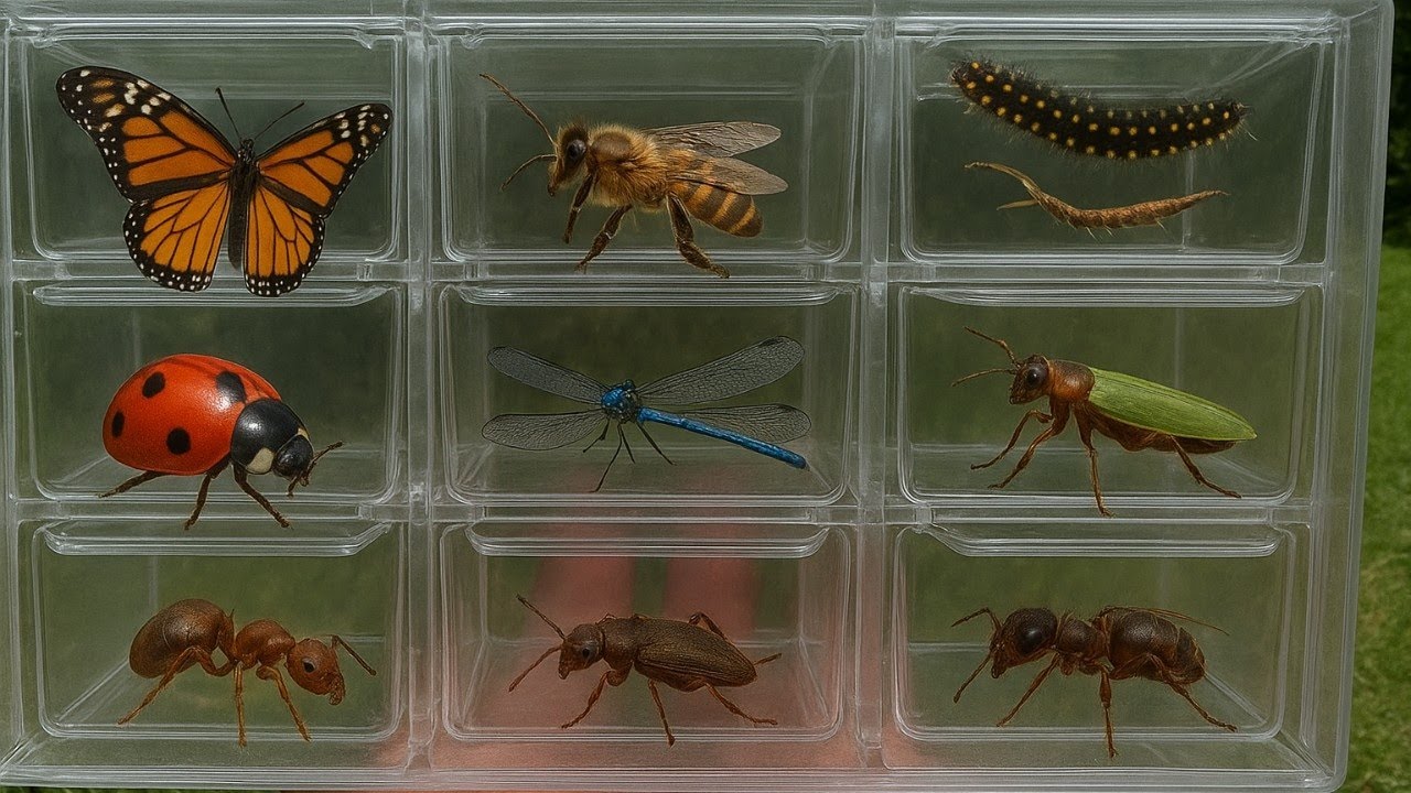 Catching Strange Colorful Rare Insects in the Forest: Monarch Butterfly,Honey Bee and Praying Mantis