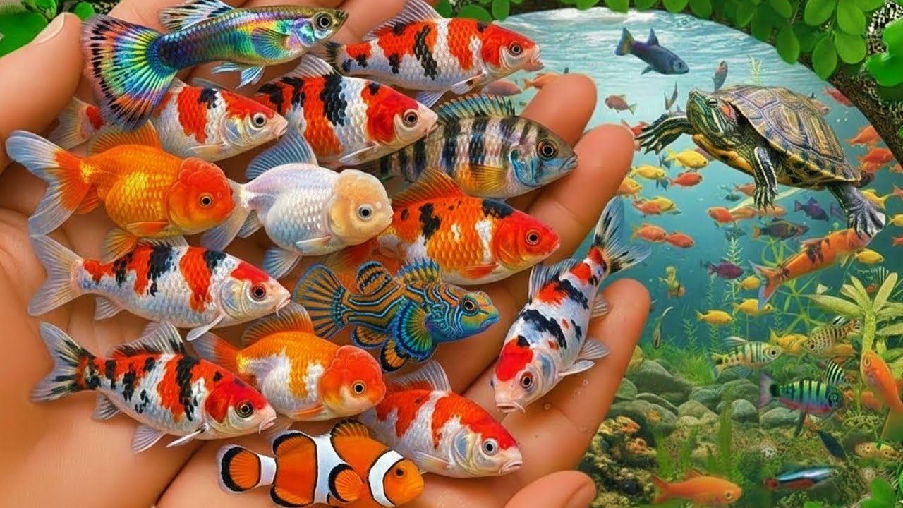 Catch beautiful aquarium fish in small pond baby turtle, eel, koi, pencil fish, cute fish, guppies
