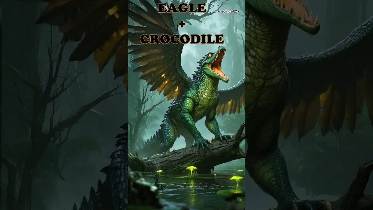 animal fusion  lion+eagle, eagle+crocodile, tiger+buffalo 