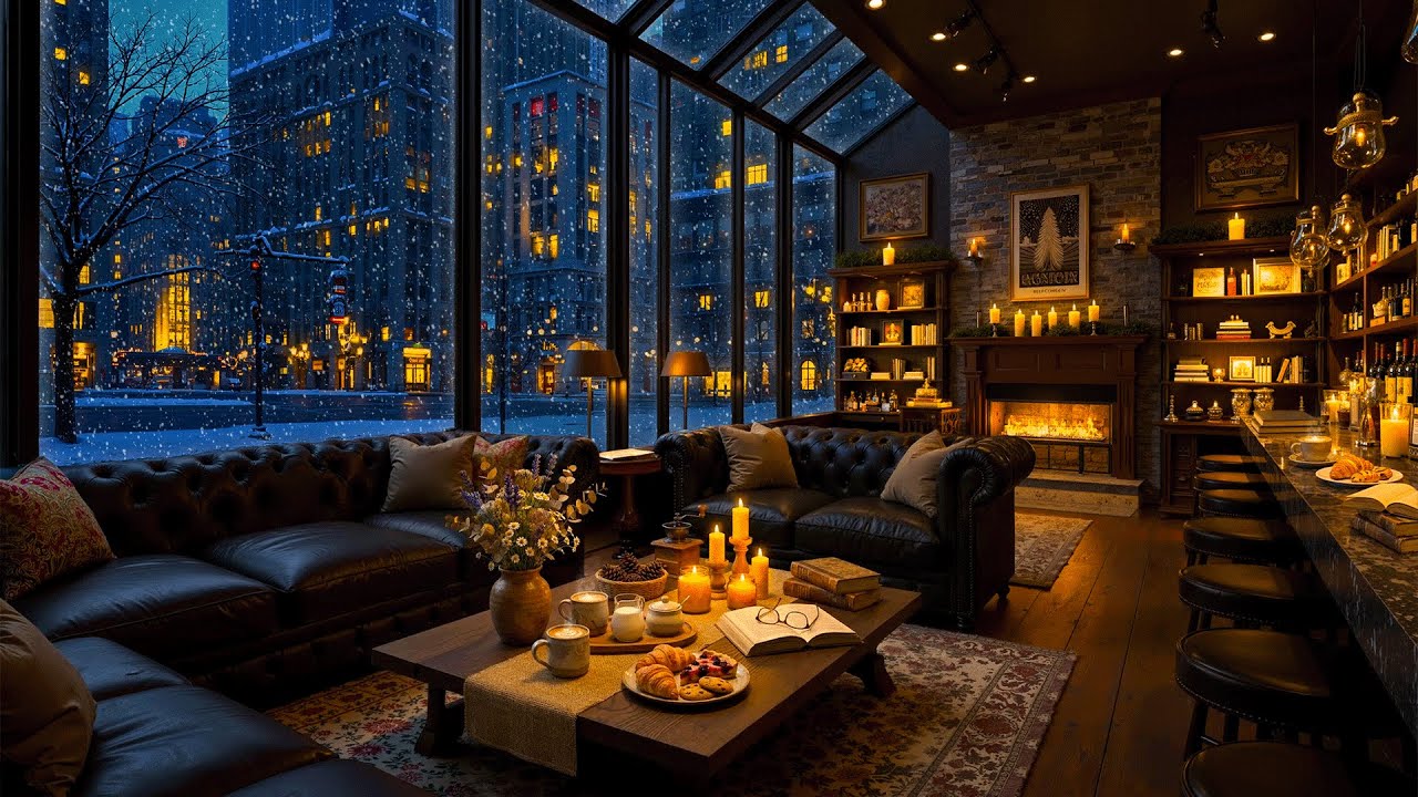 Snowy Winter Jazz on the Street ~ Cozy Cafe Ambience ☕ Slow Piano Jazz & Fireplace Sounds for Unwind