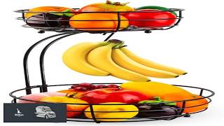 Auledio Iron 2 Tier Countertop Fruit Vegetables Basket Bowl Storage With Banana Hanger
