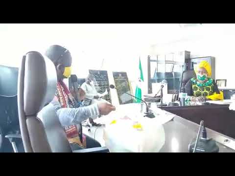 Sam Agwa (OCI Foundation) talks to Nigeria's Minister of Women Affairs, Dame Pauline Tallen; 22/5/20