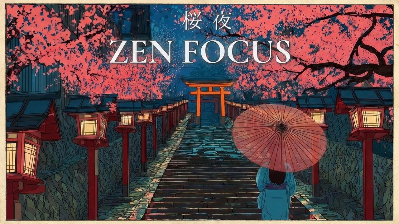 Japanese Instrumental Music | Zen Focus in Kyoto Sakura Night ⛩️