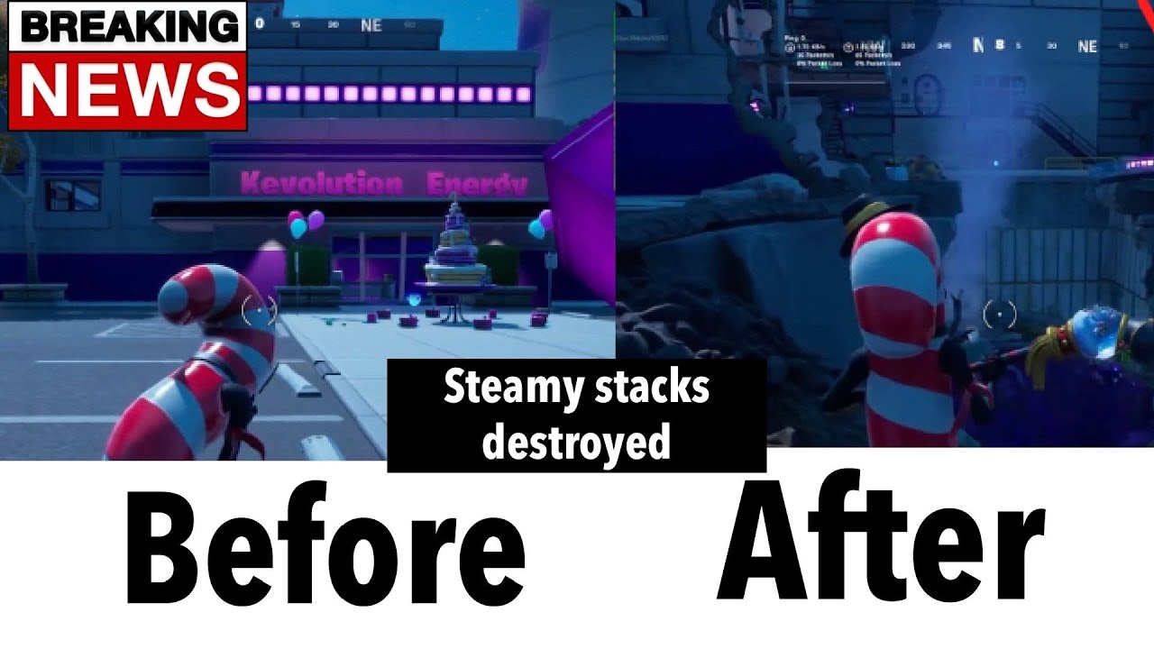 Fortnite Steamy Stacks Destroyed! (Before and after) another cube is Rolling and on the move