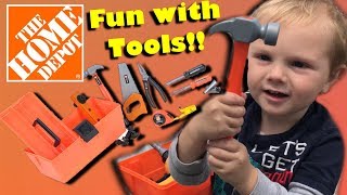 In this video, watch Dylan play with his Home Depot toy tool set! He watches his Daddy do some work on a backyard deck, and 