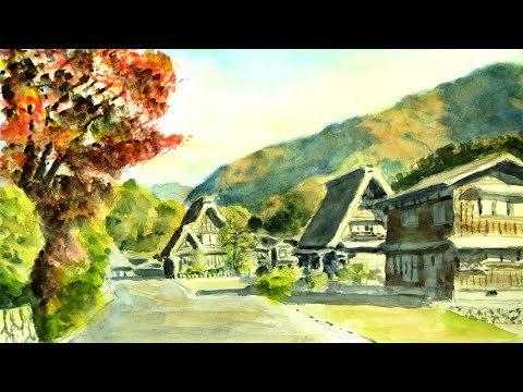 秋の白川郷、合掌造りの集落、岐阜県 【透明水彩風景画