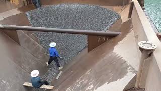 Amazing work - conveyor belt unloading crushed stone on barge (Full video unloading in full)