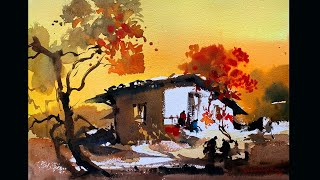 How To Paint Landscape With A House | Watercolor Landscape Painting For Beginners Tutorial