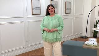 LOGO Lavish by Lori Goldstein Woven Button Front Top with Lace Trim on QVC