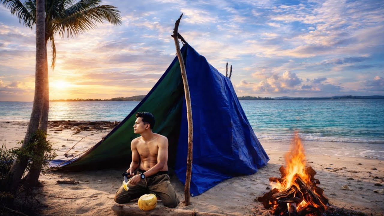SOLO SURVIVAL CAMPING AND COCKING SEA FOOD/FISHING ON THE BEACH AND EAT RICE IN A HUT,