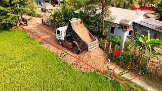 Excellent​ Filling Up Road By Bulldozer KOMATSU Push Soil, Dump Truck Unloading, Easy For Driving