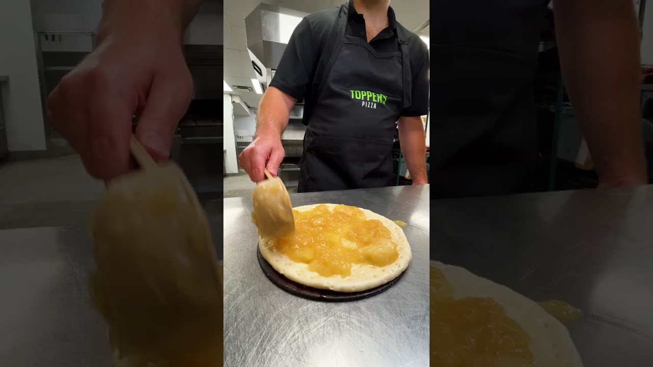 Making our famous Apple Crisp Dessert Pizza 