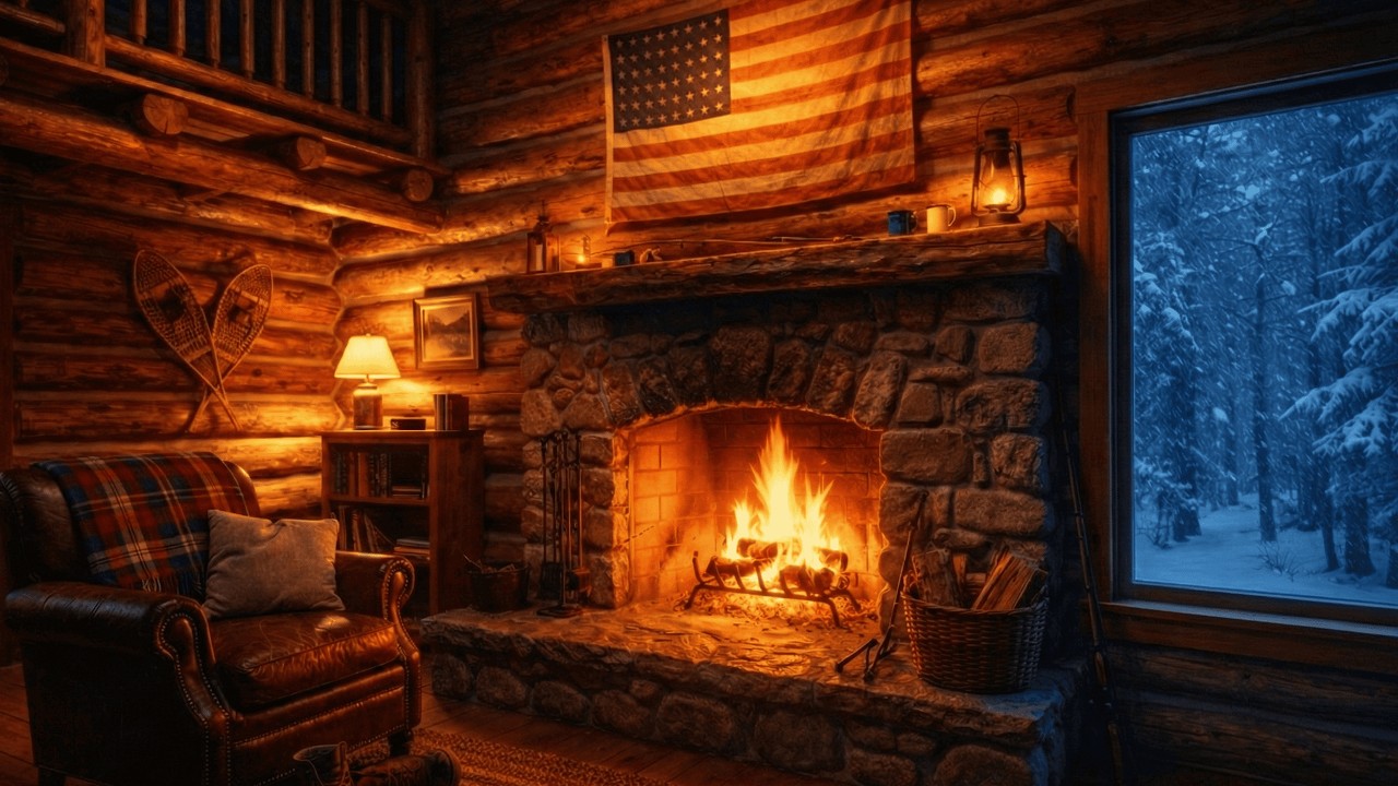 Cozy American Cabin Fireplace 🔥🇺🇸 | Heavy Snowstorm Outside | Warm Winter Ambience (No Music 4K)