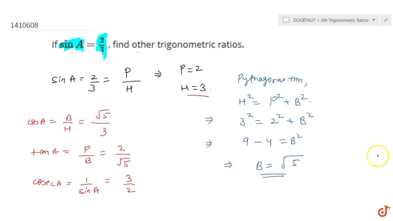 If Sina 2 3 Find Other Trigonometric Ratios Youtube