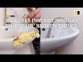 Chinese man uses ramen instant noodles to repair broken things
