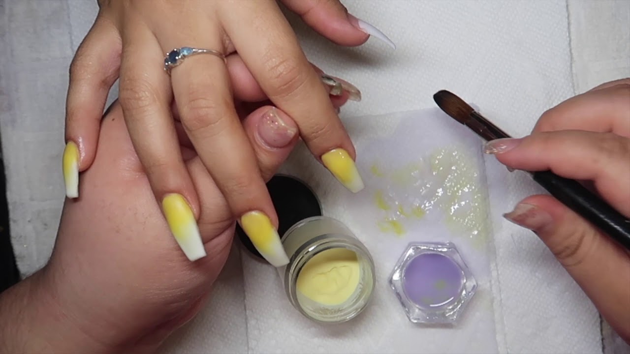Yellow and white ombre coffin nails - YouTube