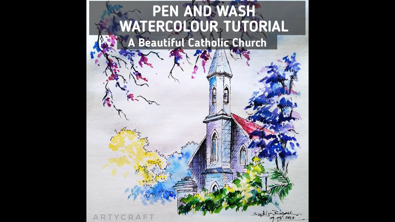 Pen and Wash Watercolor EasyTutorial || A Beautiful Catholic Church ...