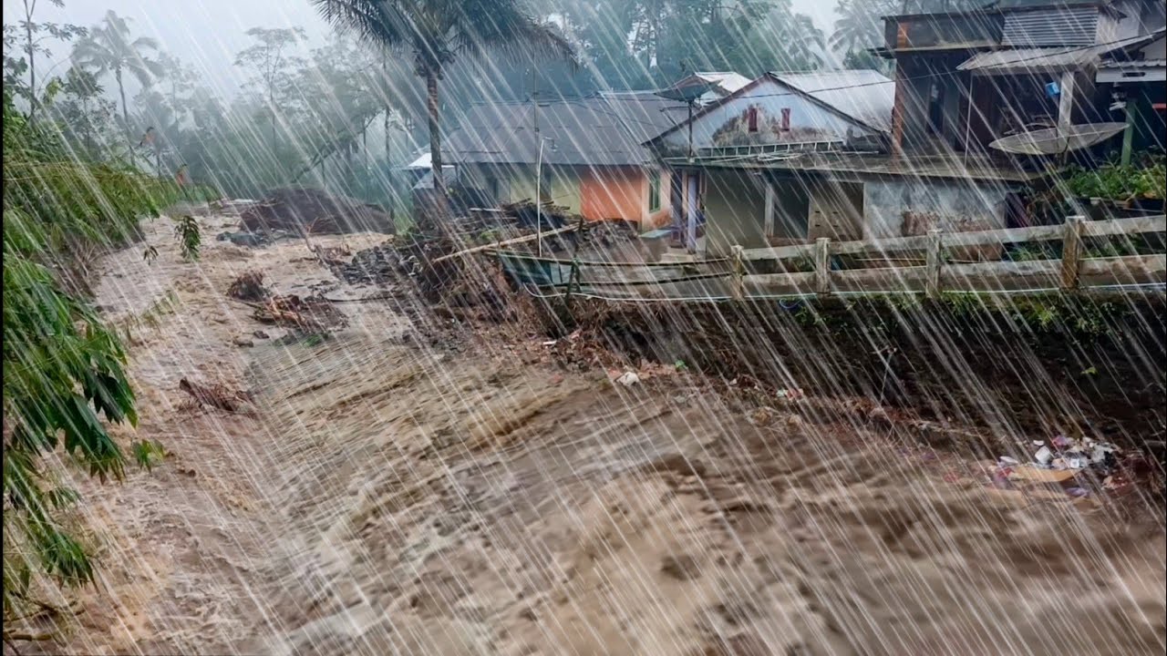 Super heavy rain and flash floods destroyed my village, Rain sounds for ...