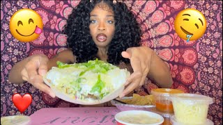 Huge chipotle burrito bowl mukbang with side of chips, guacamole, queso lots of sour cream