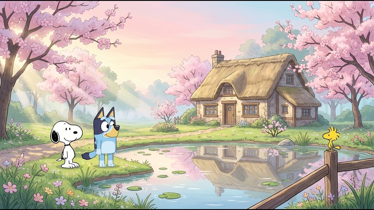 Snoopy & Bluey Cherry Blossom Cottage 🌺 Spring Jazz Lofi for Relax & Unwind 🌿 Serene Reflection Mood