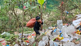 The poor boy picks up trash and bottles to sell to make money to cover his daily life.