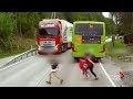 Incredible near miss of child as truck driver slams on brakes