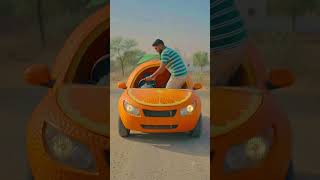 speeds away, kicking up dust. The car features a green leaf stem on the