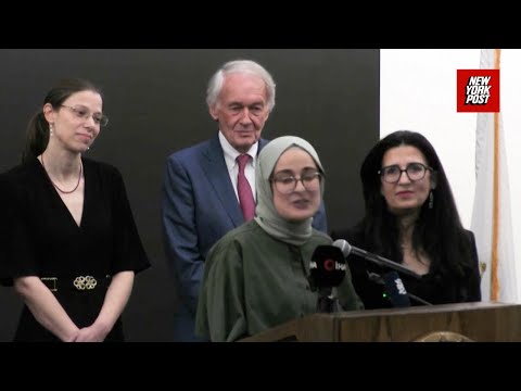 Rumeysa ozturk speaks to the media following her release from six weeks of immigration detention
