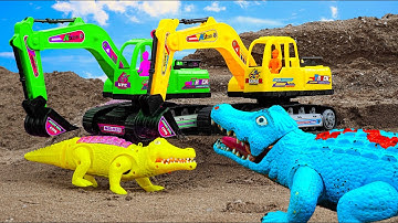 Máy xúc cứu hộ xe ô tô trong hang cá sấu | Bé cá đồ chơi