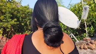 Beautiful Indian Woman Simple Long Hair Bun Pulling | Hair Bun Pulling For Black & Smooth Long Hair
