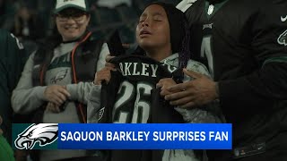 Girl cries tears of joy after Eagles RB Saquon Barkley signs jersey ahead of game at the Linc