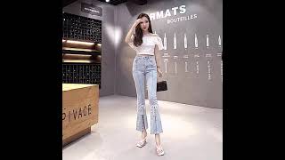 ビーズリボンデニムパンツ　E210603