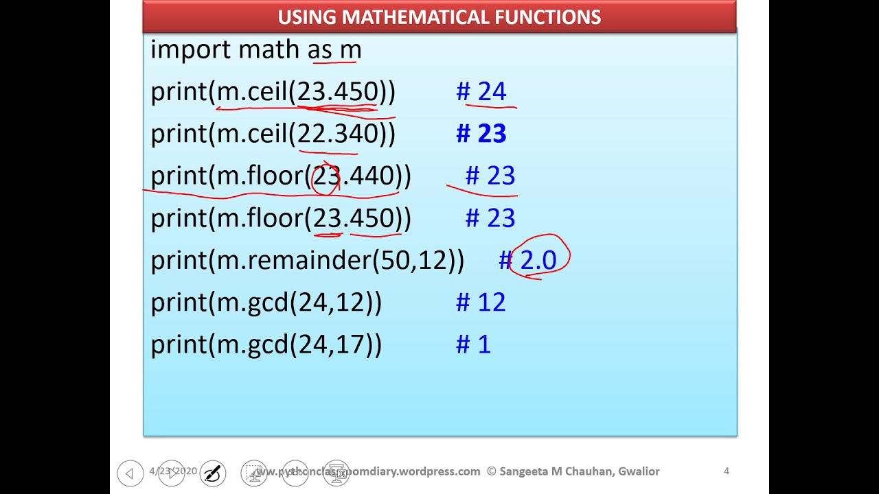 16. MATHEMATICAL FUNCTIONS IN PYTHON| Python Library Function | Class ...