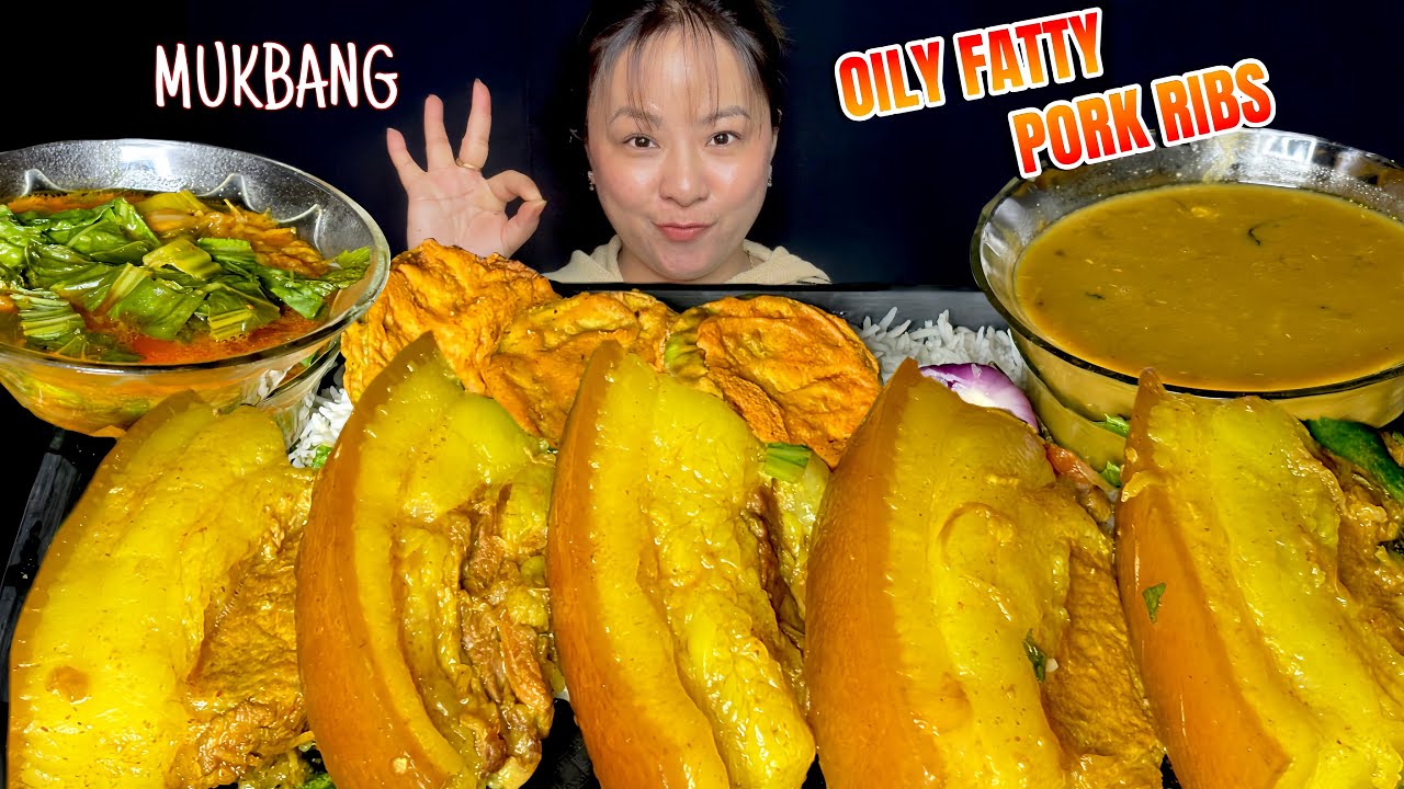 TOO MUCH FATTY OILY PORK CURRY WITH RICE, BRINJAL FRY, DAAL! PORK MUKBANG! 