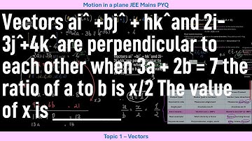 Vectors ai ̂ +bj ̂+ hk ̂and 2i-3j +4k are perpendicular to each other when 3a + 2b = 7 the ratio of