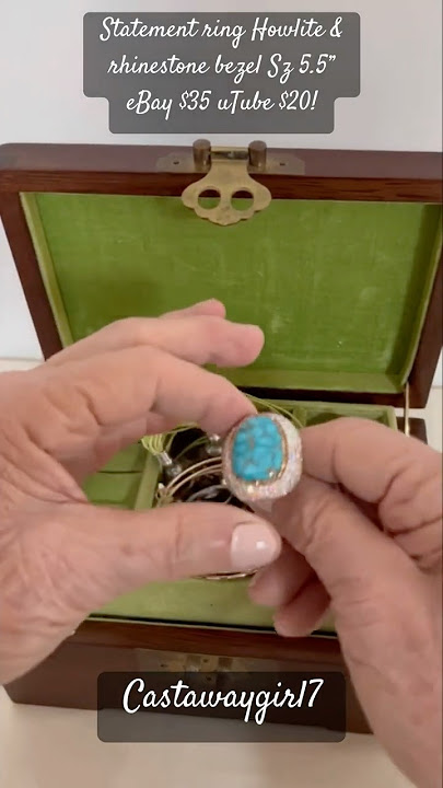 BEAUTIFUL STATEMENT RING TURQUOISE HOWLITE & PAVE RHINESTONES size 5.5 -read description box