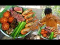 Cooking Buffalo Steak with Lobsters BBQ Eating So Delicious - Juicy Steak Meat BBQ Seafood Lobsters