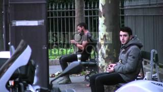 EXCLUSIVE - Shia LaBeouf grabs a Starbuck and smoke a cigarette on a bench in Paris