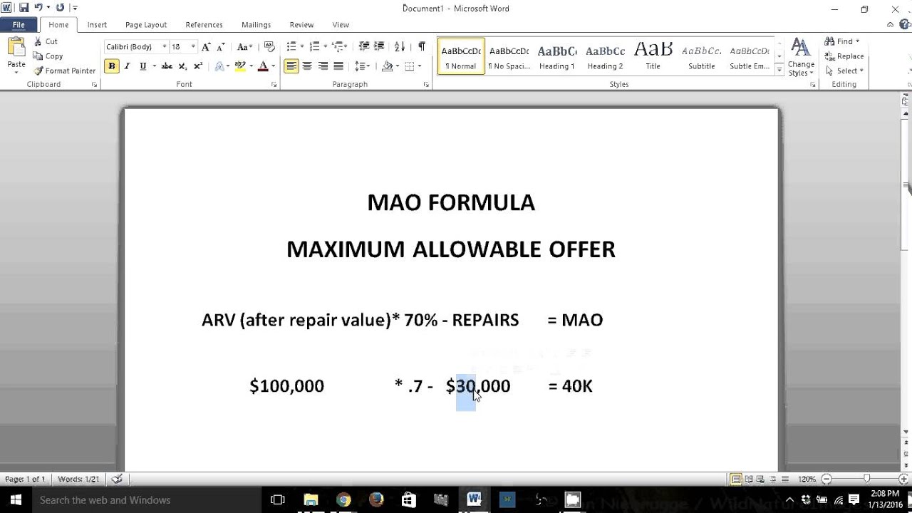 MAO Formula = Maximum Allowable Offer equation explanation YouTube