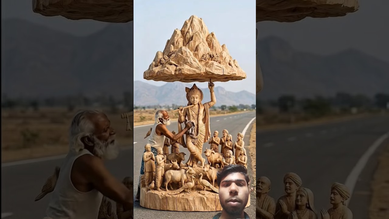 The craftsman made cows and Lord Krishna holding a mountain on his finger |