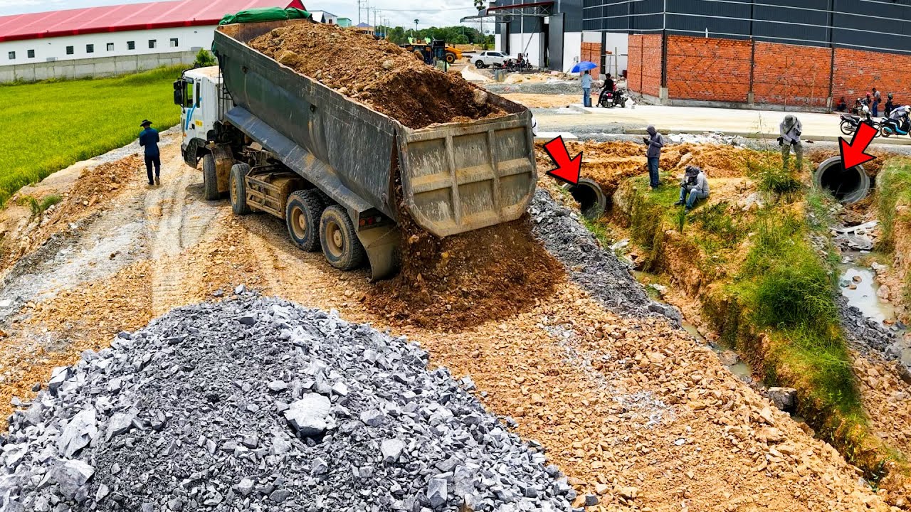 Start New Project !! working Dump Truck 25 5Ton, Dozer Shantui Push Stone Near Road.