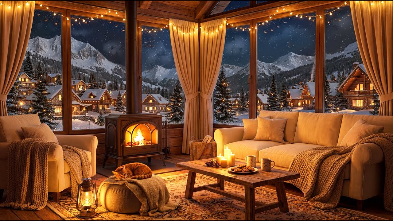 Cozy Winter Cabin at Night with Fireplace & Snowfall | Warm, Relaxing Ambience