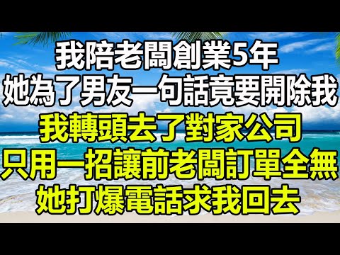 我陪老闆創業5年，她為了男友一句話竟要開除我，我轉頭去了對家公司，只用一招讓前老闆訂單全無，她打爆電話求我回去#圍爐夜話 #花開富貴 #情感故事 #深夜淺讀 #家庭矛盾 #養兒防老 #心書時光#顧亞男