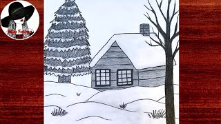 Easy Scenery Drawing Step By Step | How to draw a winter scenery | Pencil drawing