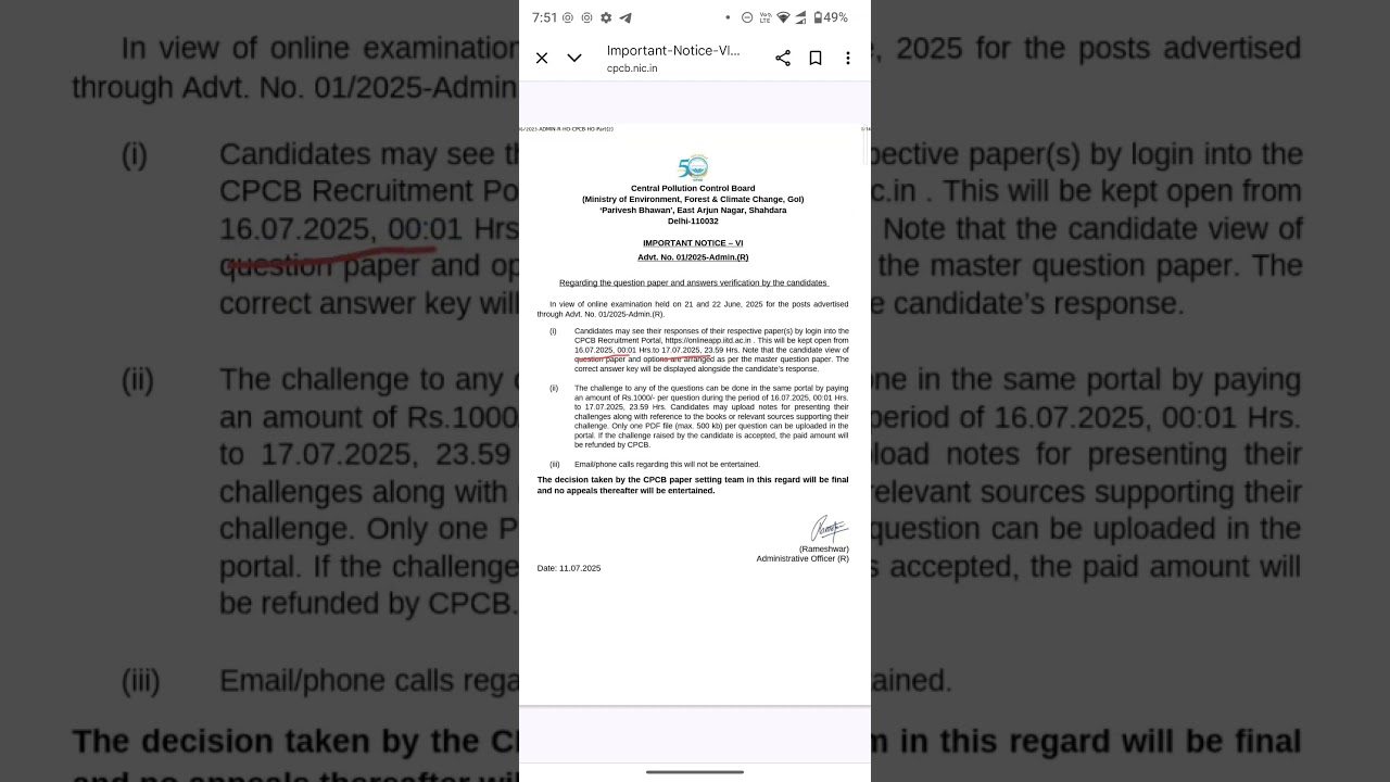 📢CPCB Various Post Answer Key 2025//