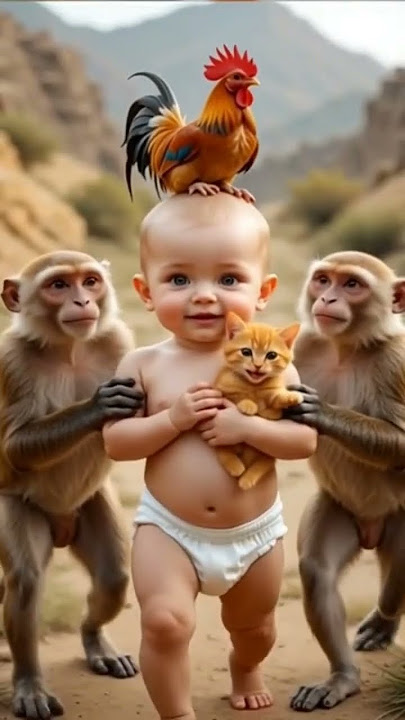 A monkey, two more monkeys, a cat, and a hen were all walking together happily😍🤗#cute#viralshorts