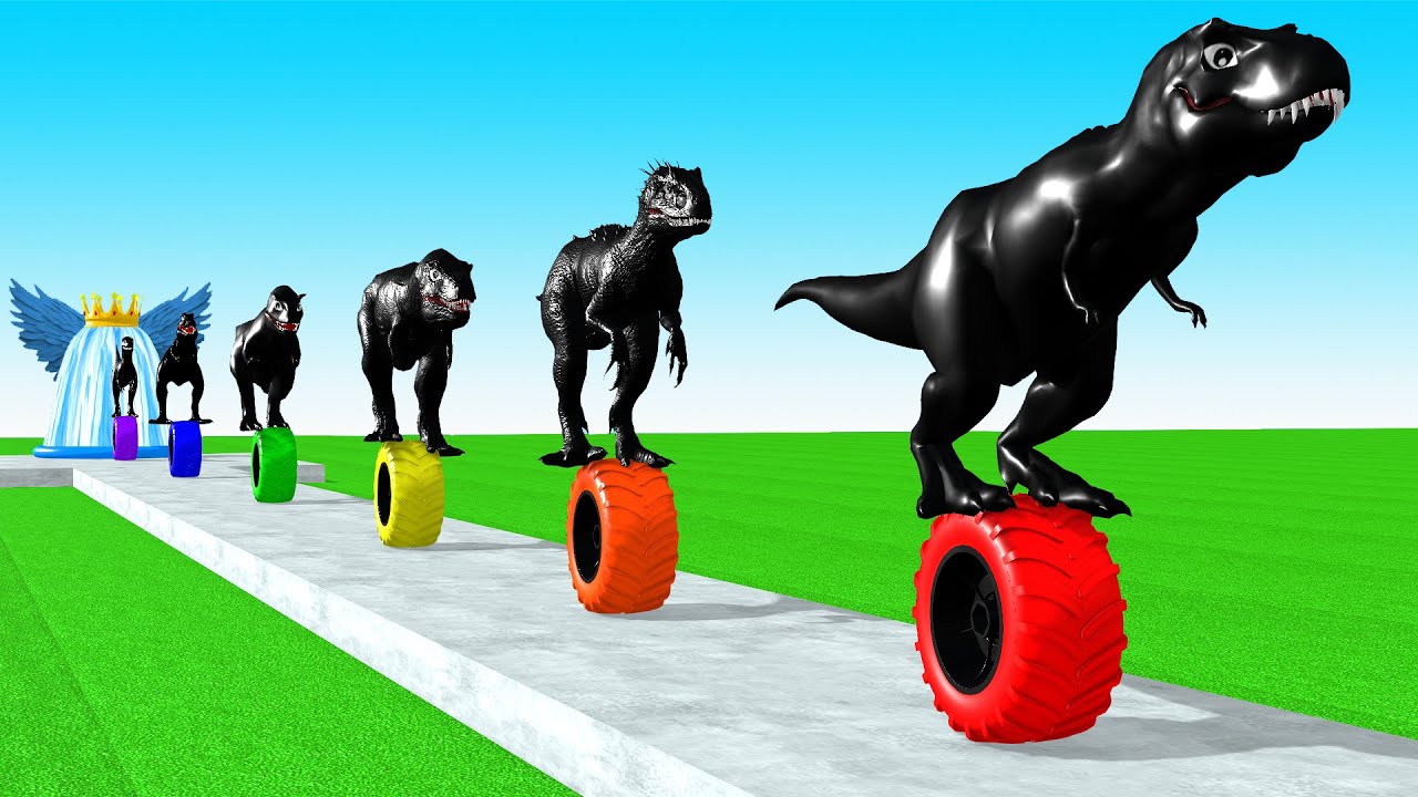 Paint Animals Carnivores Dinosaurs T-Rex,Spinosaurus,Allosaurus Fountain Crossing into Black Dinos